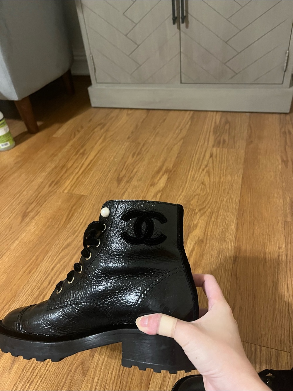 CHANEL Black Patent Combat Boot